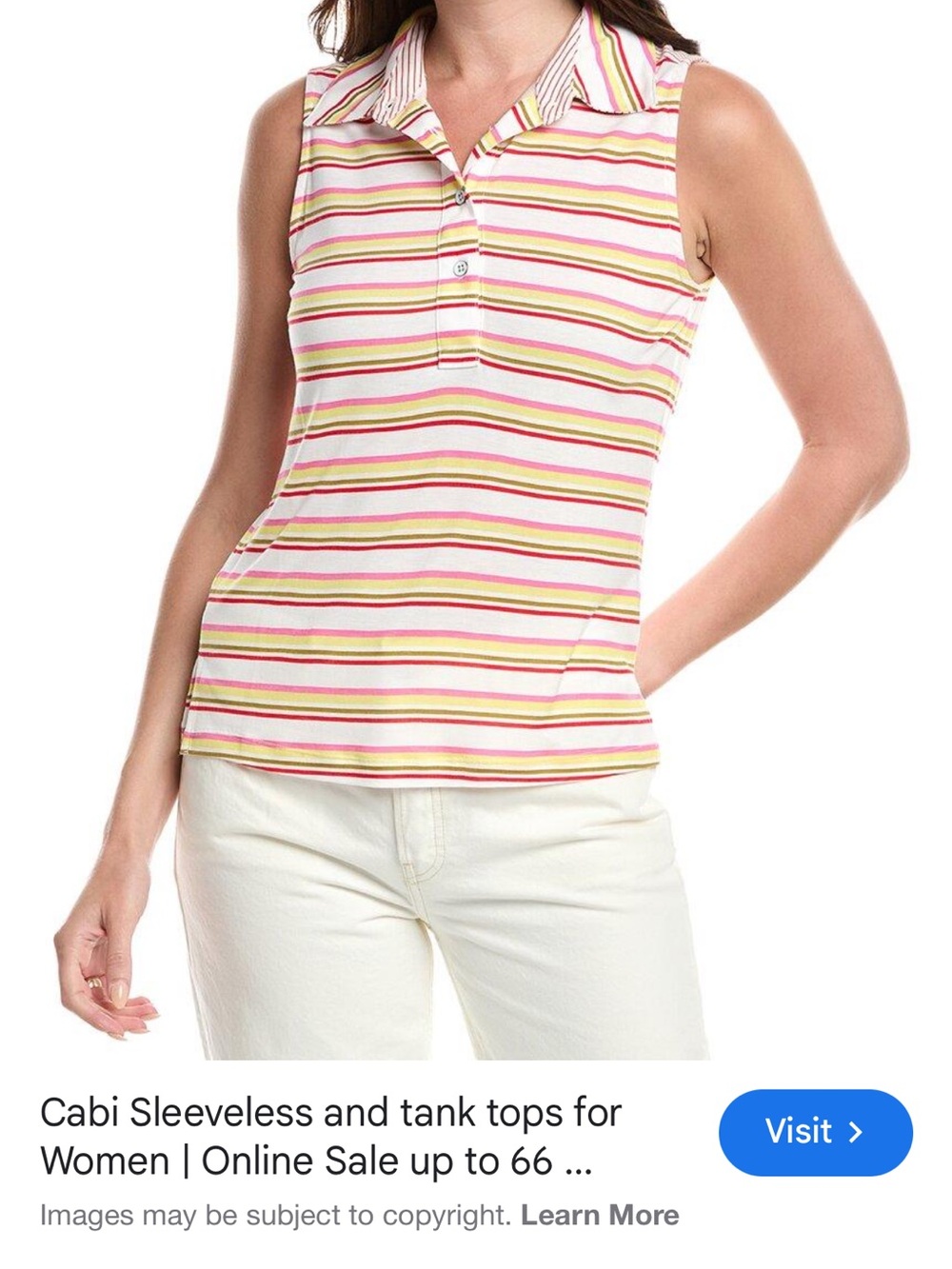 CAbi Striped Sleeveless Polo Tank in Pink and Yellow